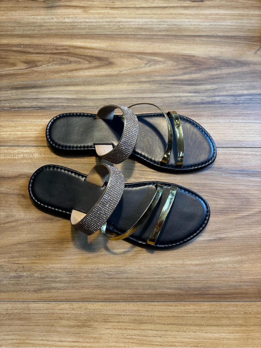 Black & Gold Slide Sandals with Gold Metallic Straps